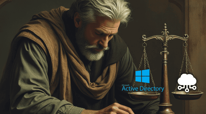Wise man weighing the choice between on-premises Active Directory and cloud-based domain controller services.