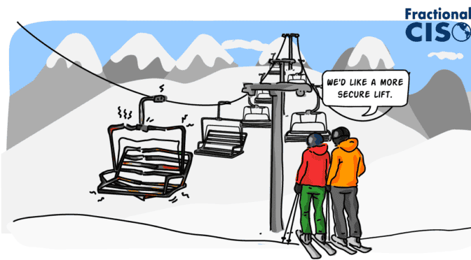 Two skiiers looking at a damaged chairlift. One says "we'd like a more secure lift."