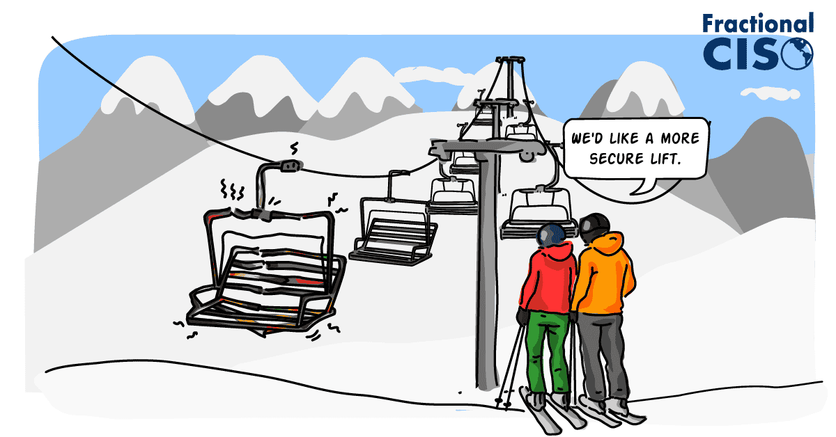 Two skiiers looking at a damaged chairlift. One says "we'd like a more secure lift."