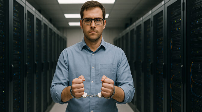 Insider threat actor captured in a server room.